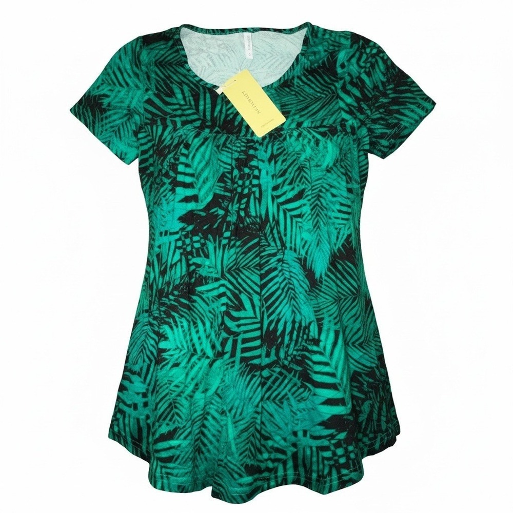 LONGYUAN Women's Green Black Leaf Print Tunic‎ Top Short Sleeve V Neck Size S